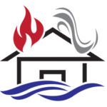 A simplified graphic of a house with flames emerging from the roof and smoke curling upwards, set against a background of wavy blue lines representing water, symbolizing fire restoration in Toronto.